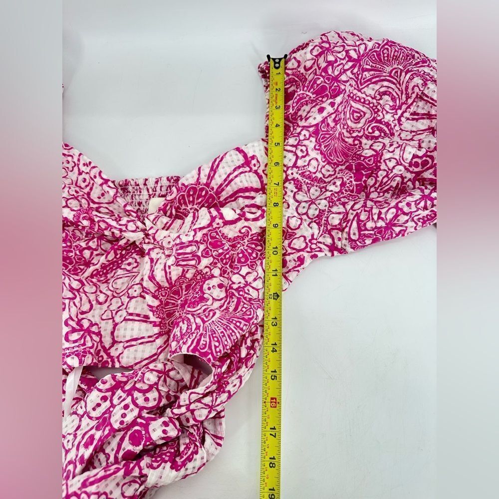 Anthropologie Pink & White Printed Puff-Sleeve Cropped Top - Picture 9 of 10